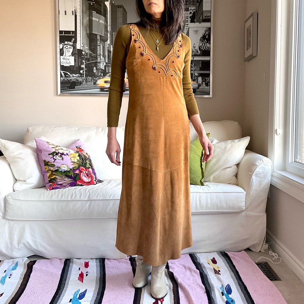 Suede sleeveless beaded midi dress - Picture 1 of 15